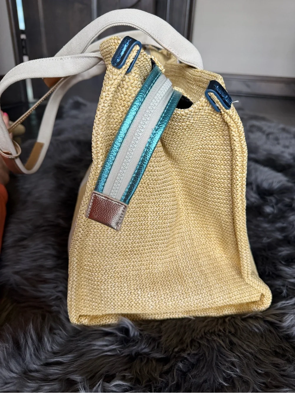Calling all Beaches! Kurt Geiger Cream Straw Tote with Blue Metallic Logo Patch - Picture 6 of 9